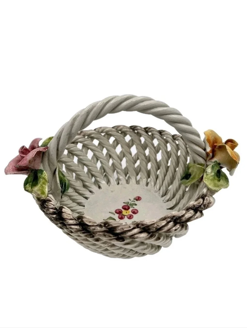 vintage CAPODIMONTE Porcelain Floral Basket Italian Made Trinket Tray White